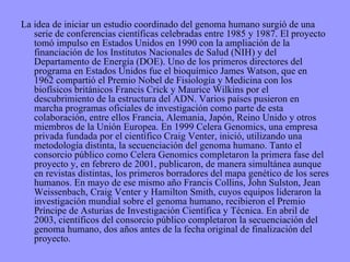 La idea de iniciar un estudio coordinado del genoma humano surgió de una serie de conferencias científicas celebradas entre 1985 y 1987. El proyecto tomó impulso en Estados Unidos en 1990 con la ampliación de la financiación de los Institutos Nacionales de Salud (NIH) y del Departamento de Energía (DOE). Uno de los primeros directores del programa en Estados Unidos fue el bioquímico James Watson, que en 1962 compartió el Premio Nobel de Fisiología y Medicina con los biofísicos británicos Francis Crick y Maurice Wilkins por el descubrimiento de la estructura del ADN. Varios países pusieron en marcha programas oficiales de investigación como parte de esta colaboración, entre ellos Francia, Alemania, Japón, Reino Unido y otros miembros de la Unión Europea. En 1999 Celera Genomics, una empresa privada fundada por el científico Craig Venter, inició, utilizando una metodología distinta, la secuenciación del genoma humano. Tanto el consorcio público como Celera Genomics completaron la primera fase del proyecto y, en febrero de 2001, publicaron, de manera simultánea aunque en revistas distintas, los primeros borradores del mapa genético de los seres humanos. En mayo de ese mismo año Francis Collins, John Sulston, Jean Weissenbach, Craig Venter y Hamilton Smith, cuyos equipos lideraron la investigación mundial sobre el genoma humano, recibieron el Premio Príncipe de Asturias de Investigación Científica y Técnica. En abril de 2003, científicos del consorcio público completaron la secuenciación del genoma humano, dos años antes de la fecha original de finalización del proyecto. 