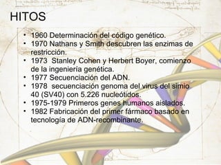 HITOS 1960 Determinación del código genético. 1970 Nathans y Smith descubren las enzimas de restricción. 1973  Stanley Cohen y Herbert Boyer, comienzo de la ingeniería genética. 1977 Secuenciación del ADN. 1978  secuenciación genoma del virus del simio 40 (SV40) con 5.226 nucleótidos. 1975-1979 Primeros genes humanos aislados. 1982 Fabricación del primer fármaco basado en tecnología de ADN-recombinante. 