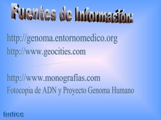 Fuentes de Información: http://es.wikipedia.org http://genoma.entornomedico.org Fotocopia de ADN y Proyecto Genoma Humano http://www.geocities.com http://www.monografías.com Índice 