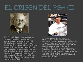 EL ORIGEN DEL PGH (II)
1997-1998. El doctor Venter se
reune con el Dr. MIchael W.
Hunkapiller de la empresa PE
Biosystems, para lanzar una
tecnología que acelere de forma
espectacular la secuencia del
genoma humano a gran escala.
Hunkapiller le propone formar un
proyecto para secuenciar el
genoma siguiendo un método
diferente al que empleaba el
consorcio público.
Marzo 1999. El consorcio
financiado con dinero público,
o Proyecto Genoma Humano,
dirigido por el Dr. Francis
Collins, anuncia que el primer
borrador del genoma humano
estará listo para la primavera
del año 2000.
 