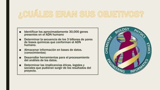 ■ Identificar los aproximadamente 30,000 genes
presentes en el ADN humano
■ Determinar la secuencia de los 3 billones de pares
de bases químicas que conforman el ADN
humano.
■ Almacenar información en bases de datos.
(conocimientos)
■ Desarrollar herramientas para el procesamiento
del análisis de los datos.
■ Determinar las implicancias éticas, legales y
sociales que pudieran surgir de los resultados del
proyecto.
 