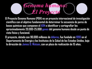 Genoma humano:  El Proyecto El Proyecto Genoma Humano (PGH) es un proyecto internacional de investigación científica con el objetivo fundamental de determinar la secuencia de pares de bases químicas que componen el  ADN  e identificar y cartografiar los aproximadamente 20.000-25.000  genes  del genoma humano desde un punto de vista físico y funcional. El proyecto, dotado con 90.000 millones de  dólares , fue fundado en  1990  en el Departamento de Energía y los Institutos de la Salud de los Estados Unidos, bajo la dirección de  James D. Watson , con un plazo de realización de 15 años. 