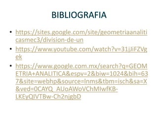 • https://sites.google.com/site/geometriaanaliti
casmec3/division-de-un
• https://www.youtube.com/watch?v=31jJiFZVg
ek
• https://www.google.com.mx/search?q=GEOM
ETRIA+ANALITICA&espv=2&biw=1024&bih=63
7&site=webhp&source=lnms&tbm=isch&sa=X
&ved=0CAYQ_AUoAWoVChMIwfKB-
LKEyQIVTBw-Ch2njgbD
 