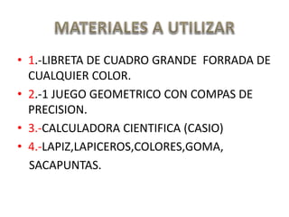 • 1.-LIBRETA DE CUADRO GRANDE FORRADA DE
CUALQUIER COLOR.
• 2.-1 JUEGO GEOMETRICO CON COMPAS DE
PRECISION.
• 3.-CALCULADORA CIENTIFICA (CASIO)
• 4.-LAPIZ,LAPICEROS,COLORES,GOMA,
SACAPUNTAS.
 