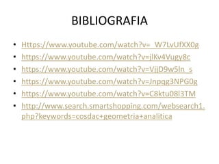BIBLIOGRAFIA
• Https://www.youtube.com/watch?v=_W7LvUfXX0g
• https://www.youtube.com/watch?v=jlKv4Vugy8c
• https://www.youtube.com/watch?v=VjjD9w5ln_s
• https://www.youtube.com/watch?v=Jnpqg3NPG0g
• https://www.youtube.com/watch?v=C8ktu08l3TM
• http://www.search.smartshopping.com/websearch1.
php?keywords=cosdac+geometria+analitica
 