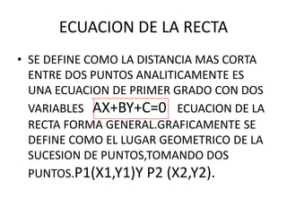 ECUACION DE LA RECTA
• SE DEFINE COMO LA DISTANCIA MAS CORTA
ENTRE DOS PUNTOS ANALITICAMENTE ES
UNA ECUACION DE PRIMER GRADO CON DOS
VARIABLES AX+BY+C=0 ECUACION DE LA
RECTA FORMA GENERAL.GRAFICAMENTE SE
DEFINE COMO EL LUGAR GEOMETRICO DE LA
SUCESION DE PUNTOS,TOMANDO DOS
PUNTOS.P1(X1,Y1)Y P2 (X2,Y2).
 