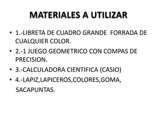 MATERIALES A UTILIZAR
• 1.-LIBRETA DE CUADRO GRANDE FORRADA DE
CUALQUIER COLOR.
• 2.-1 JUEGO GEOMETRICO CON COMPAS DE
PRECISION.
• 3.-CALCULADORA CIENTIFICA (CASIO)
• 4.-LAPIZ,LAPICEROS,COLORES,GOMA,
SACAPUNTAS.
 