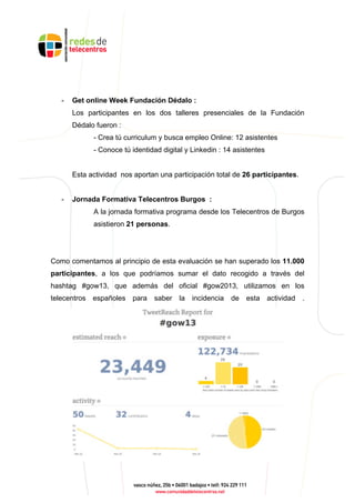 - Get online Week Fundación Dédalo :
Los participantes en los dos talleres presenciales de la Fundación
Dédalo fueron :
- Crea tú curriculum y busca empleo Online: 12 asistentes
- Conoce tú identidad digital y Linkedin : 14 asistentes
Esta actividad nos aportan una participación total de 26 participantes.
- Jornada Formativa Telecentros Burgos :
A la jornada formativa programa desde los Telecentros de Burgos
asistieron 21 personas.
Como comentamos al principio de esta evaluación se han superado los 11.000
participantes, a los que podríamos sumar el dato recogido a través del
hashtag #gow13, que además del oficial #gow2013, utilizamos en los
telecentros españoles para saber la incidencia de esta actividad .
 