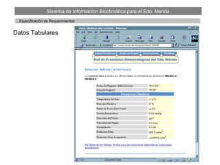 Sistema de Información Bioclimática para el Edo. Mérida
Datos Tabulares
…Especificación de Requerimientos
 