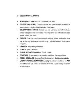 5- ESQUEMA CUALITATIVO
 NOMBRE DEL PROYECTO: Gotitas de Arte Bqto
 OBJETIVO GENERAL: Crear un página web ideal para los amantes de
las sorpresas, detalles, celebraciones especiales.
 OBJETIVO ESPECÍFICO: Realizar una red que tenga como fin motivar,
ayudar a sorprender al comprador y hacerlo sentir feliz reflejado en cada
detalle hecho con amor.
 TARJET: Cualquier persona que sienta que un detalle será mejor para
que un día gris, le encante trasmitir amor y felicidad a través de arreglos
y regalos.
 GÉNERO: masculino y femenino
 EDAD: 6 años + 90 años.
 CLASE SOCIOECONOMICA: Tipo A , B y C
 TEMÁTICA: Arreglos para cumpleaños, detalles, días especiales.
 REDES SOCIALES: Cuenta oficial de Instagram: Gotitasdeartebqto
 ¿DONDEREALIZARÉ MI WEB?: La página web será realizada en WIX
por la facilidad que tiene a la hora de crear una página web y editar en
tal herramienta.
 