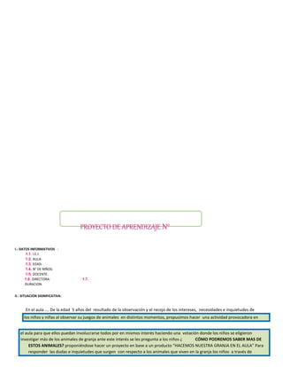 PROYECTO DE APRENDIZAJE N°
I.- DATOS INFORMATIVOS :
1.1. I.E.I:
1.2. AULA:
1.3. EDAD:
1.4. N° DE NIÑOS:
1.5. DOCENTE:
1.6. DIRECTORA: 1.7.
DURACION:
II.- SITUACION SIGNIFICATIVA:
En el aula …. De la edad 5 años del resultado de la observación y el recojo de los intereses, necesidades e inquietudes de
los niños y niñas al observar su juegos de animales en distintos momentos, propusimos hacer una actividad provocadora en
el aula para que ellos puedan involucrarse todos por en mismos interés haciendo una votación donde los niños se eligieron
investigar más de los animales de granja ante este interés se les pregunta a los niños ¿ CÓMO PODREMOS SABER MAS DE
ESTOS ANIMALES? proponiéndose hacer un proyecto en base a un producto “HACEMOS NUESTRA GRANJA EN EL AULA” Para
responder las dudas e inquietudes que surgen con respecto a los animales que viven en la granja los niños a través de
 