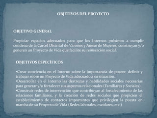 OBJETIVOS DEL PROYECTO
OBJETIVO GENERAL
Propiciar espacios adecuados para que los Internos próximos a cumplir
condena de la Cárcel Distrital de Varones y Anexo de Mujeres, construyan y/o
generen un Proyecto de Vida que facilite su reinserción social.
OBJETIVOS ESPECÍFICOS
•Crear conciencia en el Interno sobre la importancia de poseer, definir y
trabajar sobre un Proyecto de Vida adecuado a su situación.
•Desarrollar en el Interno las destrezas y habilidades sociales necesarias
para generar y/o fortalecer sus aspectos relacionales (Familiares y Sociales).
•Construir redes de intervención que contribuyan al fortalecimiento de las
relaciones familiares, y la creación de redes sociales que propicien el
establecimiento de contactos importantes que privilegien la puesta en
marcha de su Proyecto de Vida (Redes laborales, escolares, etc.)
 