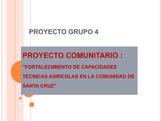 PROYECTO GRUPO 4
PROYECTO COMUNITARIO :
"FORTALECIMIENTO DE CAPACIDADES
TECNICAS AGRICOLAS EN LA COMUNIDAD DE
SANTA CRUZ"
 