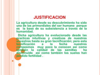 JUSTIFICACION
La agricultura desde su descubrimiento ha sido
una de las primordiales del ser humano porque
es la base de su subsistencia a través de la
humanidad.
Dicha agricultura ha evolucionado desde las
practicas intuitivas y creativas de nuestros
ancestros hasta su gran tecnificación; pero esta
tecnificación a la fecha nuestros
campesinos muy poco la conocen así como
también la calidad de las semillas ha
disminuido así como también los suelos han
perdido fertilidad .
 