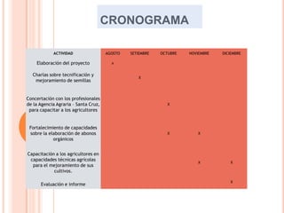 CRONOGRAMA
ACTIVIDAD AGOSTO SETIEMBRE OCTUBRE NOVIEMBRE DICIEMBRE
Elaboración del proyecto x
Charlas sobre tecnificación y
mejoramiento de semillas
X
Concertación con los profesionales
de la Agencia Agraria – Santa Cruz,
para capacitar a los agricultores
X
Fortalecimiento de capacidades
sobre la elaboración de abonos
orgánicos
X X
Capacitación a los agricultores en
capacidades técnicas agrícolas
para el mejoramiento de sus
cultivos.
X X
Evaluación e informe
X
 