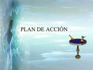 PLAN DE ACCIÓN PLAN DE ACCION Actividades de Aprendizaje Recursos Tiempo Responsables Resultados o Productos Elaboraci ó n de cuentos,  coplas y adivinanzas alusivas al cuidado del agua Humanos Papel L á piz Microsoft Word 2 semanas Docentes  estudiantes Elaboraci ó n de carpeta. Elaboraci ó n de carteles,  murales y collage sobre el cuidado y la conservaci ó n del agua. Humanos Pinturas Pinceles Cartulina Marcador 3  semanas Docentes Padres de familia estudiantes Exposici ó n de los trabajos Organizar un vivero de plantas nativas, llevando un control de su desarrollo en el computador. Humanos F í sicos Computador 2 meses Docentes  Padres de familia Estudiantes Arborizaci ó n de cuencas hidrogr á ficas. Elaborar un croquis veredal, ubicando los aljibes detectados Humanos f í sicos 1 mes Docentes  Padres de familia Estudiantes Registro completo de los aljibes de la zona Elaborar diferentes objetos con material de reciclaje. Botellas pl á sticas, pegante 2 semanas Docentes Estudiantes Exposici ó n de los trabajos 