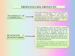 PROPUESTA DEL PROYECTO

DESARROLLO DE
LA PROPUESTA

BENEFICIOS Y
BENEFICIARIOS

Para poder elaborar éste proyecto se realizaron
encuestas y entrevistas
a profesores y
estudiantes de la UTMACH del curso de
nivelación del área de salud , una vez tabuladas
las interrogantes, se pudo establecer que, el
desarrollo del proyecto es aprobado.

El té endulzante a base de estevia, presenta
una gama de beneficios para la salud integral
del consumidor, ya que aparte de ser una
fuente de salud y energía natural es un
diurético apto para diabéticos, personas con
insuficiencia renal, en fin este proyecto va a
contribuir de manera eficiente ya que al ser un
té natural puede ser ingerido por el consumidor
sin ninguna restricción.
Este proyecto va a beneficiar a los estudiantes del
curso de nivelación del área de salud y en si a
demás personas que se interesen por este producto
edulcorante.

 