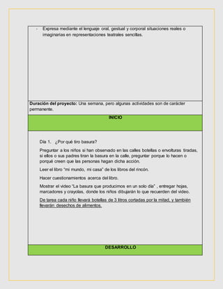 - Expresa mediante el lenguaje oral, gestual y corporal situaciones reales o
imaginarias en representaciones teatrales sencillas.
Duración del proyecto: Una semana, pero algunas actividades son de carácter
permanente.
INICIO
Día 1. ¿Por qué tiro basura?
Preguntar a los niños si han observado en las calles botellas o envolturas tiradas,
si ellos o sus padres tiran la basura en la calle, preguntar porque lo hacen o
porqué creen que las personas hagan dicha acción.
Leer el libro “mi mundo, mi casa” de los libros del rincón.
Hacer cuestionamientos acerca del libro.
Mostrar el video “La basura que producimos en un solo día” , entregar hojas,
marcadores y crayolas, donde los niños dibujarán lo que recuerden del video.
De tarea cada niño llevará botellas de 3 litros cortadas por la mitad, y también
llevarán desechos de alimentos.
DESARROLLO
 