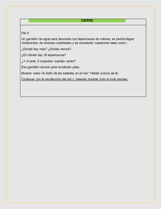 CIERRE
Día 5.
Un garrafón de agua será decorado con taparroscas de colores, se pedirá hagan
montoncitos de diversas cantidades y se resolverán cuestiones tales como :
¿Dónde hay más? ¿Dónde menos?
¿En dónde hay 30 taparroscas?
¿Y sí junto 2 conjuntos cuantas serán?
Ese garrafón servirá para recolectar pilas.
Mostrar video “el daño de las baterías en el mar” Hablar acerca de él.
Continuar con la recolección del pet y baterías durante todo el ciclo escolar.
 