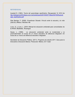 REFERENCIAS.
Ausubel D. (1963). Teoría del aprendizaje significativo. Recuperado 12, 2014 de
http://delegacion233.bligoo.com.mx/media/users/20/1002571/files/240726/Aprendi
zaje_significativo.pdf
Díaz Barriga, F. (2006). Enseñanza Situada: Vínculo entre la escuela y la vida
(2da Ed.) México: McGraw Hill
Luna, G. y Luna, L. (2001) Manual de educación ambiental para comunidades de
la RASS. Bluefields, Nicaragua
Sauve, L. (1999). La educación ambiental entre la modernidad y la
posmodernidad: en busca de un marco educativo de referencia integrador: En
busca de un marco de referencia educativo integrador.
Secretaría de Educación Pública. (2011). Programa de estudio 2011. Guía para la
Educadora. Educación Básica. Preescolar. México, D.F: Autor
 