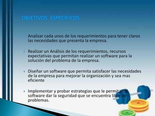 OBJETIVOS ESPECÍFICOS


   Analizar cada unos de los requerimientos para tener claros
    las necesidades que presenta la empresa.

   Realizar un Análisis de los requerimientos, recursos
    expectativas que permitan realizar un software para la
    solución del problema de la empresa.

   Diseñar un software que permita satisfacer las necesidades
    de la empresa para mejorar la organización y sea mas
    eficiente

   Implementar y probar estrategias que le permitan al
    software dar la seguridad que se encuentra libre de
    problemas.
 