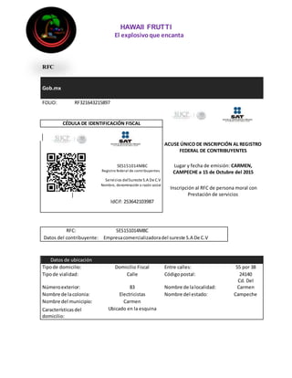 HAWAII FRUTTI
El explosivoque encanta
RFC
Gob.mx
FOLIO: RF321643215897
CÉDULA DE IDENTIFICACIÓN FISCAL
ACUSE ÚNICO DE INSCRIPCIÓN AL REGISTRO
FEDERAL DE CONTRIBUYENTES
SES151014M8C Lugar y fecha de emisión: CARMEN,
CAMPECHE a 15 de Octubre del 2015Registro federal de contribuyentes
Servicios delSureste S.A De C.V
Nombre, denominación o razón social
Inscripción al RFC de persona moral con
Prestación de servicios
IdCif: 253642103987
RFC: SES151014M8C
Datos del contribuyente: Empresacomercializadoradel sureste S.A De C.V
Datos de ubicación
Tipode domicilio: Domicilio Fiscal Entre calles: 55 por 38
Tipode vialidad: Calle Códigopostal: 24140
Númeroexterior: 83 Nombre de lalocalidad:
Cd. Del
Carmen
Nombre de lacolonia: Electricistas Nombre del estado: Campeche
Nombre del municipio: Carmen
Característicasdel
domicilio:
Ubicado en la esquina
 