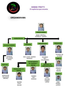 HAWAII FRUTTI
El explosivoque encanta
ORGANIGRAMA
GERENTE GENERAL
ADMINISTRACION
MERCADOTECNIA PRODUCCIÓN
RECURSOS HUMANOS
CONTADOR
DEPARTAMENTO
DE COMPRAS Y
VENTAS
PROMOTORES DE
VENTAS
CHEF 1
ASISTENTE DE
MERCADOTECNIA
SECRETARIA
MARIANA
SALVADOR
LÓPEZ
GERALDYIN
GALLEGOS
JIMENEZ
ANDREA
MAY
ROSADO
MARTIN
POOT
BALAM
JOSÉ
WILLIAM
CHABLÉ
LÓPEZ
MAURICIO
MAY
VALLADARES
CHEF 2
ARACELY
LEYVA
RIVERA
JOSÉ
MUÑOZ
JUÁREZ
ANA LAURA LINARES
NARANJO
DIANA CRISTELL
GORDILLO GARCÍA
YESSICA DE
LA CRUZ
 