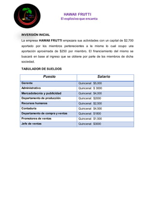 HAWAII FRUTTI
El explosivoque encanta
INVERSIÓN INICIAL
La empresa HAWAII FRUTTI empezara sus actividades con un capital de $2,700
aportado por los miembros pertenecientes a la misma lo cual ocupo una
aportación aproximada de $250 por miembro. El financiamiento del mismo se
buscará en base al ingreso que se obtiene por parte de los miembros de dicha
sociedad.
TABULADOR DE SUELDOS
Puesto Salario
Gerente Quincenal: $5,000
Administrativo Quincenal: $ 3000
Mercadotecnia y publicidad Quincenal: $4,000
Departamento de producción Quincenal: $2000
Recursos humanos Quincenal: $2,500
Contaduría Quincenal: $4,500
Departamento de compra y ventas Quincenal: $1800
Promotores de ventas Quincenal: $1,500
Jefe de ventas Quincenal: $3000
 