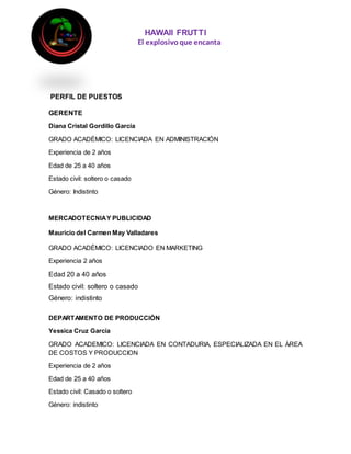 HAWAII FRUTTI
El explosivoque encanta
PERFIL DE PUESTOS
GERENTE
Diana Cristal Gordillo García
GRADO ACADÉMICO: LICENCIADA EN ADMINISTRACIÓN
Experiencia de 2 años
Edad de 25 a 40 años
Estado civil: soltero o casado
Género: Indistinto
MERCADOTECNIAY PUBLICIDAD
Mauricio del Carmen May Valladares
GRADO ACADÉMICO: LICENCIADO EN MARKETING
Experiencia 2 años
Edad 20 a 40 años
Estado civil: soltero o casado
Género: indistinto
DEPARTAMENTO DE PRODUCCIÓN
Yessica Cruz García
GRADO ACADEMICO: LICENCIADA EN CONTADURIA, ESPECIALIZADA EN EL ÁREA
DE COSTOS Y PRODUCCION
Experiencia de 2 años
Edad de 25 a 40 años
Estado civil: Casado o soltero
Género: indistinto
 