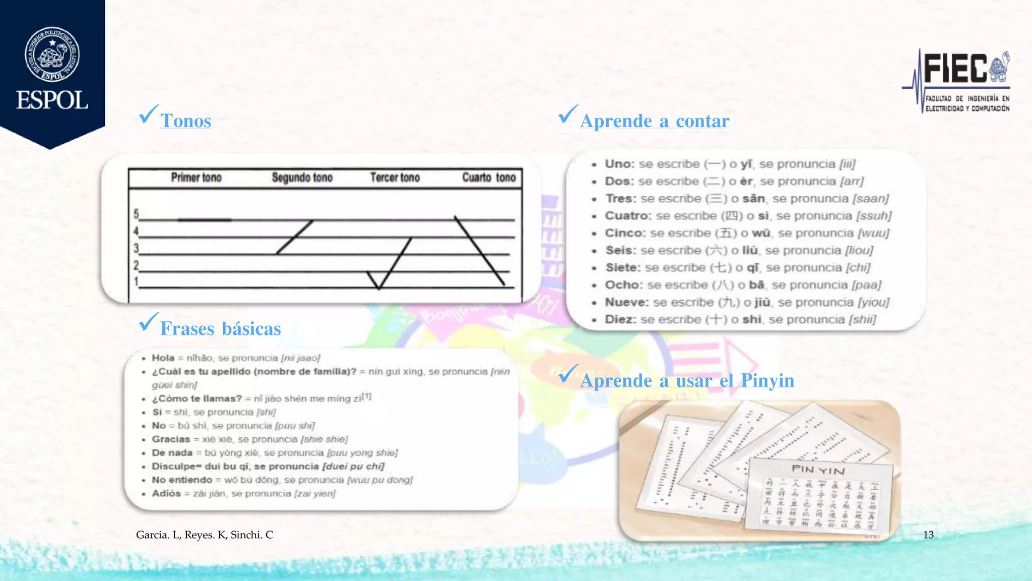 Tonos
Frases básicas
Aprende a contar
Aprende a usar el Pinyin
Garcia. L, Reyes. K, Sinchi. C 13
 