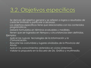   Se derivan del objetivo general y se refieren a logros o resultados de
   carácter limitado o particular a alcanzar.
  Los objetivos específicos tiene que relacionarlos con los contenidos
   programáticos.
  Deberá formularlos en términos evaluables y medibles.
  tienen que ser logrados en tiempos y circunstancias bien definidas.
Ejemplos:
  Aplicar las nuevas tecnologías de la Información y la
   Comunicación.
  Rescatar las costumbres y lugares olvidados de la Provincia del
   Azuay.
  Aplicar los conocimientos obtenidos en ciclos anteriores.
  Validar la propuesta en la Escuela de Dis. Gráfico y multimedia.
 