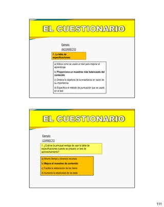 111
Ejemplo:
INCORRECTO
1. La tabla de
especificaciones:
a) Indica como se usará un test para mejorar el
aprendizaje
b) Proporciona un muestreo más balanceado del
contenido
c) Ordena lo objetivos de la enseñanza en razón de
su importancia
d) Especifica el método de puntuación que se usará
en el test
1. ¿Cuál es la principal ventaja de usar la tabla de
especificaciones cuando se prepara un test de
aprovechamiento?
a) Ahorra tiempo y diversos recursos
b) Mejora el muestreo de contenido
c) Facilita la elaboración de los ítems
d) Aumenta la objetividad de los tests
Ejemplo:
CORRECTO
 