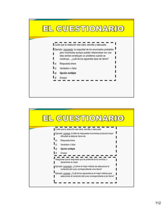 112
Cuide que la redacción sea clara, sencilla y adecuada:
Ejemplo: incorrecto: la exiguidad de los enunciados probables
pero incorrectos aunque puedan relacionarse con una
idea central constituyen un problema cuando se
construye... ¿cuál de los siguientes tipos de ítems?
a) Respuesta breve
b) Verdadero o falso
c) Opción múltiple
d) Ensayo
Cuide que la redacción sea clara, sencilla y adecuada:
Ejemplo: correcto: la falta de respuestas incorrectas producirá mayor
dificultad al elaborar ítems de:
a) Respuesta breve
b) Verdadero o falso
c) Opción múltiple
d) Ensayo
Asegúrese que la respuesta que se pretende es la correcta, o
claramente, la mejor
Ejemplo: incorrecto: ¿Cuál es el mejor método de seleccionar el
contenido del curso correspondiente a los ítems?
Ejemplo: correcto: ¿Cuál de los siguientes es el mejor método para
seleccionar el contenido del curso correspondiente a los ítems?
 