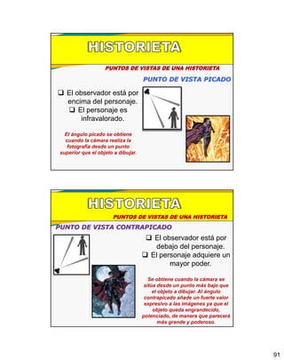 91
PUNTOS DE VISTAS DE UNA HISTORIETA
PUNTO DE VISTA PICADO
 El observador está por
encima del personaje.
 El personaje es
infravalorado.
El ángulo picado se obtiene
cuando la cámara realiza la
fotografía desde un punto
superior que el objeto a dibujar.
PUNTOS DE VISTAS DE UNA HISTORIETA
PUNTO DE VISTA CONTRAPICADO
 El observador está por
debajo del personaje.
 El personaje adquiere un
mayor poder.
Se obtiene cuando la cámara se
sitúa desde un punto más bajo que
el objeto a dibujar. Al ángulo
contrapicado añade un fuerte valor
expresivo a las imágenes ya que el
objeto queda engrandecido,
potenciado, de manera que parecerá
más grande y poderoso.
 