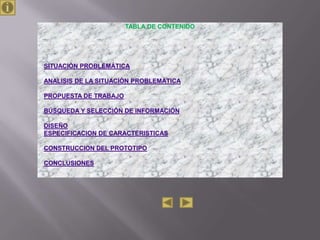 TABLA DE CONTENIDO




SITUACIÓN   PROBLEMÁTICA

ANALISIS   DE LA SITUACIÓN PROBLEMÁTICA

PROPUESTA    DE TRABAJO

BÚSQUEDA    Y SELECCIÓN DE INFORMACIÓN

DISEÑO
ESPECIFICACION   DE CARACTERISTICAS

CONSTRUCCION    DEL PROTOTIPO

CONCLUSIONES
 