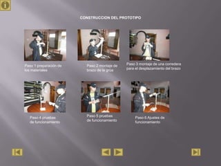 CONSTRUCCION DEL PROTOTIPO




Paso 1 preparación de     Paso 2 montaje de   Paso 3 montaje de una corredera
los materiales            brazo de la grúa    para el desplazamiento del brazo




  Paso 4 pruebas          Paso 5 pruebas           Paso 6 Ajustes de
  de funcionamiento       de funcionamiento        funcionamiento
 