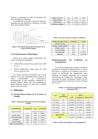 Chimbo se encuentran los valles de Guaranda, San             Máximo recorrido            Km               60,63           104,54
 José, San Miguel y Pallatanga.                                 Factor de forma           ***              0,27             0,13
     A continuación se muestra en detalle la ubicación           Altitud media           Msnm             4112,86         3648,71
 geográfica de cada alternativa a realizarse a lo largo
                                                             Coeficiente Orográfico       ***          17294,92           9569,98
 de la cuenca del Rio Chimbo:




                                                                 Tabla 2. Parámetros para el embalse en Chillanes.

                                                               EMBALSE CHILLANES                UNIDADES                  VALOR
                                                                   Altura de la presa                 m                    125
                                                               Volumen variable embalse           Hm3                      164
     Figura 2. Descripción general de la alternativa de la
                  Cuenca del Rio Chimbo.                           Volumen muerto                 Hm3                       80
                                                                    Área del embalse              Km2                       6
                                                                    Área de drenaje               Km2                 37,738871
 1.4. Consideraciones Climatologías.                                    Perímetro                 Km2                 42,582044

    Dentro de la cuenca pueden diferenciarse dos
 zonas con influencia topográfica:                            2.2.Determinación             del           Coeficiente               de
                                                                  Transposición.
       ZONA FRIA en la parte alta a partir de los 1200
        m.s.n.m.
                                                                   Con la ayuda del programa ArcMap, y utilizando
       ZONA TEMPLADA cálida desde los 1200                   información cartográfica digitalizada de la cuenca
        m.s.n.m. hacia la costa.                              del Guayas e isoyetas de la cobertura nacional, se
                                                              calculó el coeficiente de transposición, para
     Los vientos marítimos provenientes de la costa           interpolar los caudales registrados en la estación
 penetran en el valle, ascendiendo aguas arriba por el        fluviometrica de “Chimbo D.J. Rio Pangor”, hasta
 cauce,      produciéndose      en     consecuencia,          cada punto de interés del proyecto Chimbo. En este
 precipitaciones de tipo orográfico, abundantes en            caso la transposición se hará hacia el área de drenaje
 invierno (Marzo, Abril), que dan precipitaciones             del rio Cañí.
 desde tempranas horas en la parte alta y neblinas
 densas en las zonas bajas.
                                                                           TABLA 3. Calculo de la precipitación media
                                                                                      ponderada PMP.
 2. Hidrología.

 2.1. Características Físicas de la Cuenca en                                  PMP                                  AREA
                                                                  PMP
      Estudio.                                                              PROMEDIO
                                                                                                CAÑI          PANGOR             CHILLANES
                                                                500-750           625      70,965633          70,95172                   ***
  Tabla 1. Parámetros hidrológicos de la cuenca del Rio         750-1000          875      545,824605        633,256662             0,729883
                       Chimbo.
                                                               1000-1250          1125     269,246055        349,441875             16,784682
                                                               1250-1500          1375      87,87364         285,529999             10,286741
  PARAMETROS            UNIDADES       CAÑI      PANGOR
                                                               1500-1750          1625      4,160597          51,949895             9,892685
  Lugar de la toma                   Chimbo DJ Chimbo DJ       1750-2000          1875          ***                 ***             0,492465
                            ***         Cañí    Pangor
   Cota de cierre          Msnm         2180      1330,00           AREA TOTAL             978,07053         1391,13015             37,693991

 Cota de derivación        Msnm         2200      1350,00                  PMP             973,79387         1055,68041            1344,10465
      Perímetro             Km         154,08      196,02
  Área de drenaje           km2        978,07     1391,13
                                                                Tabla 4. Calculo del coeficiente de transposición KT.
Índice de Compacidad        ***         1,38        1,47
 