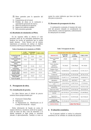 2) Datos generales para la operación del             cuenta los costos indirectos que tiene este tipo de
         sistema.                                        obra para su ejecución.
    3)   Características de la Central.
    4)   Pérdidas de altura en la restitución y
         capacidad de generación de reserva.             5.2. Resumen de presupuesto de obra.
    5)   Datos de simulación de operación
    6)   Ingreso de la tabla de caudales                     A continuación se presenta el resumen del costo
    7)   Serie estocástica generada                      total del proyecto tomando en consideración los
                                                         costos directos, costos de ingeniería y administración
4.2. Resultados de simulación en Pfirm.                  de cada proyecto en estudio:

   En las siguiente tablas se observa el valor
promedio anual de los principales parámetros que
predicen los niveles de generación que la central
puede alcanzar. Estos factores son de enorme
importancia al momento de realizar el Análisis
Económico del Proyecto Hidrológico Rio Chimbo.

   Tabla 6. Resultados de la simulación en PFIRM.                           Tabla 7. Presupuesto de obra

                      CAÑI -    PANGOR -                                    COSTOS DE CONSTRUCCION ($) 2009
                                           CHILLANES
                     PANGOR      BUCAY
                                                                                    PANGOR -           CAÑI -
 Caudal Esperado                                             PROYECTO                                                 CHILLANES
                      10,15       15,65        15,65                                 BUCAY            PANGOR
      (m3/s)
                                                           Potencia Instalada
Caudal Turbinado                                                                      250,00            160,00            40-70
                      19,50       26,83        13,90             MW
      (m3/s)
Caudal Excedente                                                 ITEM
      (m3/s)                                                Tierra, derechos,
Capacidad Máxima                                               caminos y            734.148,65       1.384.394,60      991.100,68
                      133,49      212,56       33,13
      (MW)                                                   reubicaciones
    Generación
                     1123,29     1806,12       181,22        Embalse, Presa,
 Promedio (GWH)
                                                          Aliviadero y Obras de    18.280.825,84     12.260.492,26    114.741.141,71
  Energía Anual                                                  Control
                     1018,53     1365,19       137,27
  Firme (GWH)
 Capacidad Anual                                              Conducción          132.897.581,80     93.359.167,08    40.756.157,58
                      123,87      164,22       31,23
   Firme (MW)                                              Equipamiento de la
                                                                                   55.438.711,12     39.485.660,89    34.869.963,43
  Factor de planta                                         Central Subterránea
                                                               Operadores           629.270,27        629.270,27           0,00
                                                          Patio de maniobras y
                                                                                   12.941.991,96     13.047.331,81     1.715.810,28
                                                                   L/T
5. Presupuesto de obra.                                  COSTOS DIRECTOS
                                                                                  220.922.529,65    160.166.316,91    193.074.173,68
                                                            SUBTOTAL

5.1. Actualización de precios.                             Imprevistos (20%)       44.184.505,93     32.033.263,38    38.614.834,74
                                                         COSTOS DIRECTOS
                                                                                  265.107.035,57    192.199.580,29    231.689.008,42
    Los datos básicos para el cálculo de precios             TOTAL
unitarios fueron proporcionados por:
                                                            Ingeniería y
                                                                                   53.021.407,11     38.439.916,06    46.337.801,68
                                                         Administración (15%)
     El proyecto Caluma Bajo
     Hidronacion                                           COSTO DE
                                                          CONSTRUCCION
                                                                                  318.128.442,69    230.639.496,35    278.026.810,10
     El Departamento de Planificación en el
      Consejo Provincial del Guayas.                       COSTO TOTAL                             $ 826.794.749,14

   Dicha información de basada en costos de
equipos eléctricos y mecánicos, tarifa de los equipos,   6. Evaluación económica.
costo de mano de obra, costo de materiales y su
debido transporte al lugar donde se encuentra               En el presente capítulo se realiza la evaluación
ubicado el aprovechamiento. También se tomo en           económica de las centrales en cascada del proyecto
 