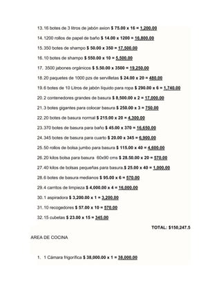 13.16 botes de 3 litros de jabón axion $ 75.00 x 16 = 1,200.00
14.1200 rollos de papel de baño $ 14.00 x 1200 = 16,800.00
15.350 botes de shampo $ 50.00 x 350 = 17,500.00
16.10 botes de shampo $ 550.00 x 10 = 5,500.00
17. 3500 jabones orgánicos $ 5.50.00 x 3500 = 19,250.00
18.20 paquetes de 1000 pzs de servilletas $ 24.00 x 20 = 480.00
19.6 botes de 10 Litros de jabón líquido para ropa $ 290.00 x 6 = 1,740.00
20.2 contenedores grandes de basura $ 8,500.00 x 2 = 17,000.00
21.3 botes gigantes para colocar basura $ 250.00 x 3 = 750.00
22.20 botes de basura normal $ 215.00 x 20 = 4,300.00
23.370 botes de basura para baño $ 45.00 x 370 = 16,650.00
24.345 botes de basura para cuarto $ 20.00 x 345 = 6,900.00
25.50 rollos de bolsa jumbo para basura $ 115.00 x 40 = 4,600.00
26.20 kilos bolsa para basura 60x90 cms $ 28.50.00 x 20 = 570.00
27.40 kilos de bolsas pequeñas para basura.$ 25.00 x 40 = 1,000.00
28.6 botes de basura medianos $ 95.00 x 6 = 570.00
29.4 carritos de limpieza $ 4,000.00 x 4 = 16,000.00
30.1 aspiradora $ 3,200.00 x 1 = 3,200.00
31.10 recogedores $ 57.00 x 10 = 570.00
32.15 cubetas $ 23.00 x 15 = 345.00
TOTAL: $150,247.5
AREA DE COCINA
1. 1 Cámara frigorífica $ 38,000.00 x 1 = 38,000.00
 