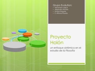 Grupo Evolution:
  •   Fernando Cajicá
  •   Alejandro Montes
  •   Empar Nogues
  •   E. Alfonso Rueda




Proyecto
Holón
un enfoque sistémico en el
estudio de la Filosofía
 