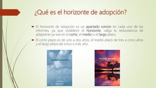 ¿Qué es el horizonte de adopción?
 El horizonte de adopción es un apartado común en cada uno de los
informes, ya que establece el horizonte, valga la redundancia de
adaptarse ya sea en el corto, el medio o el largo plazo.
 El corto plazo es de uno a dos años, el medio plazo de tres a cinco años
y el largo plazo de cinco a más año.
 
