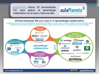 aulaPlaneta ofrece 25 herramientas
TIC para aplicar el aprendizaje
colaborativo en el aula y fuera de ella.
 