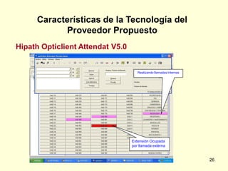 Características de la Tecnología del
           Proveedor Propuesto
Hipath Opticlient Attendat V5.0


                                     Realizando llamadas Internas




                                  Extensión Ocupada
                                  por llamada externa


                                                                    26
 
