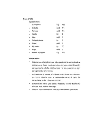 Sopa criolla
Ingredientes:
121
Carne tapa Kg 150
Cebolla unid 1/4
Tomate unid 1/4
Aceite Ltr. 5
Ajos unid 1
Sal y pimienta kg 3
Huevo unid 1
Ají panca kg 30
Papa unid 2
Fideos espagueti Kg. 150
Preparación:
Calentamos el aceite en una olla, añadimos la carne picado y
cocinamos a fuego medio por cinco minutos. A continuación
agregamos la cebolla mini brunoise y el ajo, sazonamos con
sal y pimienta, removemos.
Incorporamos el tomate, el orégano, mezclamos y cocinamos
por cinco minutos más, a continuación verter el caldo de
carne, tapar la olla y dejamos cocinar.
Echamos los fideos y las papas, mezclar y cocinar durante 10
minutos más. Retirar del fuego.
Servir la sopa caliente con los huevos escalfados y tostadas.
 