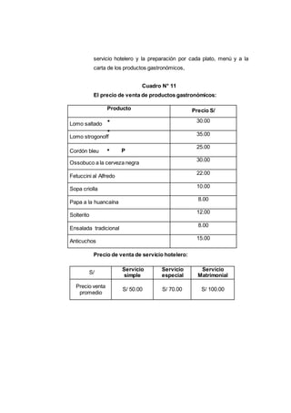 servicio hotelero y la preparación por cada plato, menú y a la
carta de los productos gastronómicos,
Cuadro N° 11
El precio de venta de productos gastronómicos:
Producto Precio S/
Lomo saltado
30.00
Lomo strogonoff 35.00
Cordón bleu P
25.00
Ossobuco a la cerveza negra
30.00
Fetuccini al Alfredo
22.00
Sopa criolla 10.00
Papa a la huancaína
8.00
Solterito
12.00
Ensalada tradicional
8.00
Anticuchos
15.00
Precio de venta de servicio hotelero:
S/
Servicio
simple
Servicio
especial
Servicio
Matrimonial
Precio venta
promedio
S/ 50.00 S/ 70.00 S/ 100.00
 