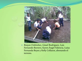  Brayan Ordónñez, Gissel Rodríguez, Luis
Fernando Borrero, Karen Ángel Valencia, Luisa
Fernanda Reyes y Kelly Collazos, abonando el
terreno.
 