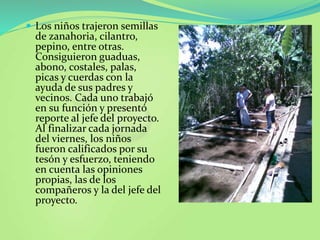  Los niños trajeron semillas
de zanahoria, cilantro,
pepino, entre otras.
Consiguieron guaduas,
abono, costales, palas,
picas y cuerdas con la
ayuda de sus padres y
vecinos. Cada uno trabajó
en su función y presentó
reporte al jefe del proyecto.
Al finalizar cada jornada
del viernes, los niños
fueron calificados por su
tesón y esfuerzo, teniendo
en cuenta las opiniones
propias, las de los
compañeros y la del jefe del
proyecto.
 