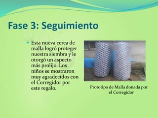 Fase 3: Seguimiento
 Esta nueva cerca de
malla logró proteger
nuestra siembra y le
otorgó un aspecto
más prolijo. Los
niños se mostraron
muy agradecidos con
el Corregidor por
este regalo. Prototipo de Malla donada por
el Corregidor
 