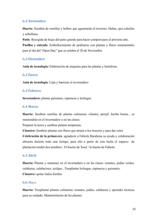 10
6.2 Noviembre 
Huerto: Siembra de semillas y bulbos que aguantarán el invierno: Habas, ajos cebollas
y cebolletas.
Patio: Recogida de hojas del patio grande para hacer compost para el próximo año.
Pasillos y entrada: Embellecimiento de jardineras con plantas y flores ornamentales
para el día del “Open Day” que se celebra el 20 de Noviembre.
6.3 Diciembre 
Aula de tecnología: Elaboración de etiquetas para las plantas y hortalizas.
6.2 Enero 
Aula de tecnología: Lijar y barnizar el invernadero
6.3 Febrero 
Invernadero: plantar guisantes, espinacas y lechugas.
6.4 Marzo 
Huerto: Sembrar semillas de plantas culinarias: cilantro, perejil, hierba buena... se
mantendrán en el invernadero o en las clases.
Preparar la tierra y sembrar patatas tempranas.
Claustro: Sembrar plantas con flores que atraen a los insectos y para dar color
Celebración de la primavera: agradecer a Fabiola Barahona su ayuda y colaboración
altruista durante todo este tiempo, para ello a partir de esta fecha el espacio de
plantación tendrá dos nombres.: El huerto de Xosé / la huerta de Fabiola
6.5 Abril 
Huerto: Plantar y mantener en el invernadero o en las clases: tomates, judías verdes,
calabazas, calabacines, acelgas...Trasplantar lechugas, espinacas y guisantes.
Claustro: quitar malas hierbas
6.6 Mayo
Huerto: Trasplantar plantas culinarias: tomates, judías, calabazas y aprender técnicas
para su cuidado. Mantenimiento de las plantas.
 