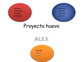 Alumno:                    Maestro:
Sebastián                  Agustín
Aranda                     Sánchez
Medrano                    jurares




            Proyecto huevo

                Alex
                Escuela:
                Pierre
                Faure
 